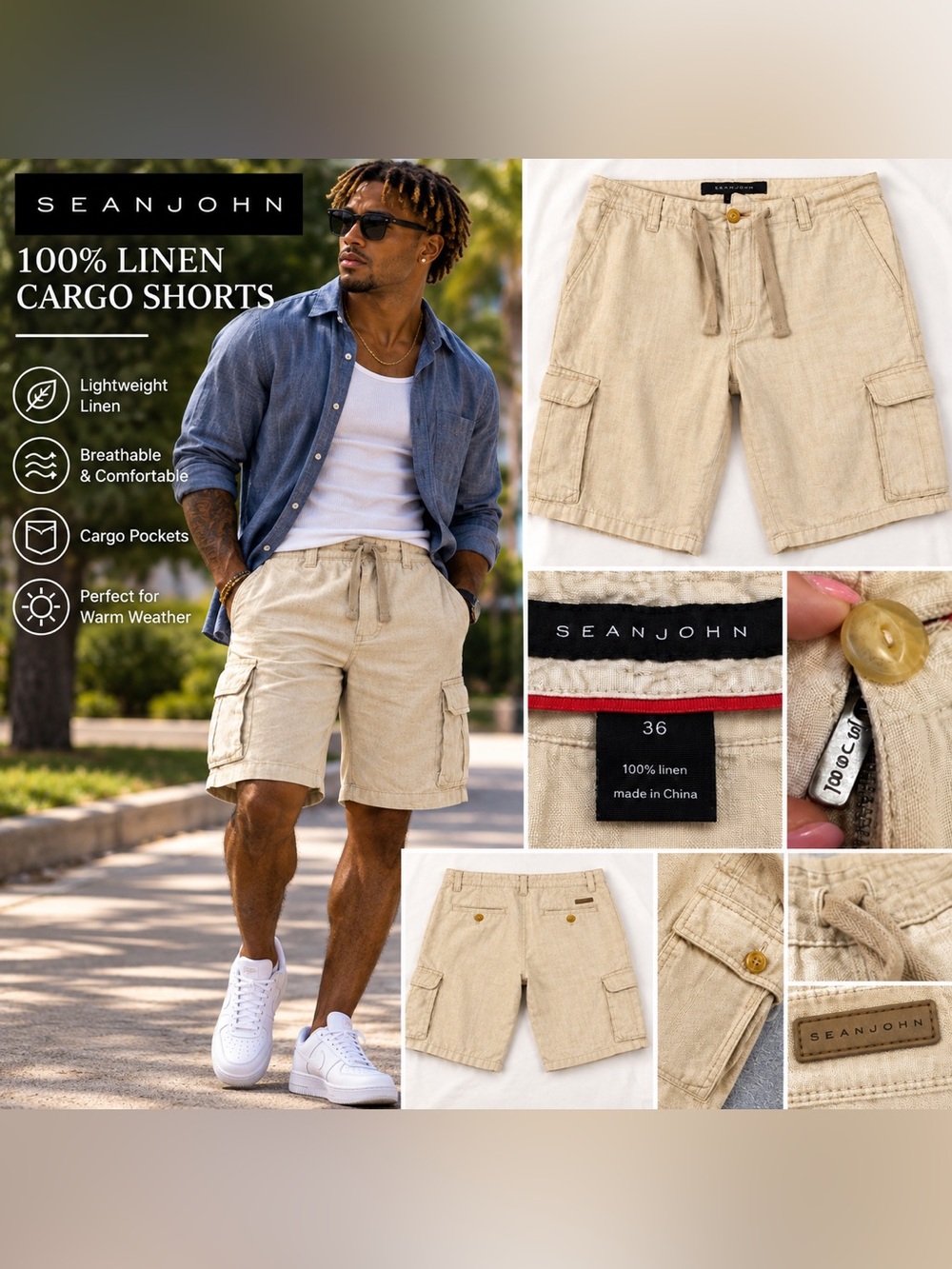 EUC - Sean John Men’s Linen Cargo Shorts — Beige Size 36